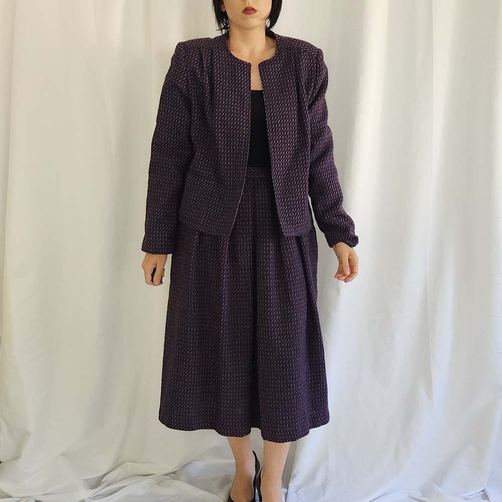 80s‎ Black, Purple, Blue, and Gray Wool Blend Skirt Suit
